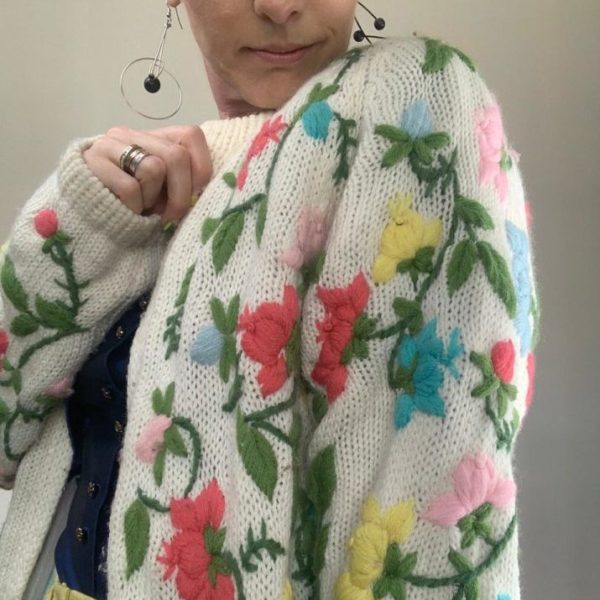 Close up of 1960s Embroidered Multi Coloured Floral Cardigan